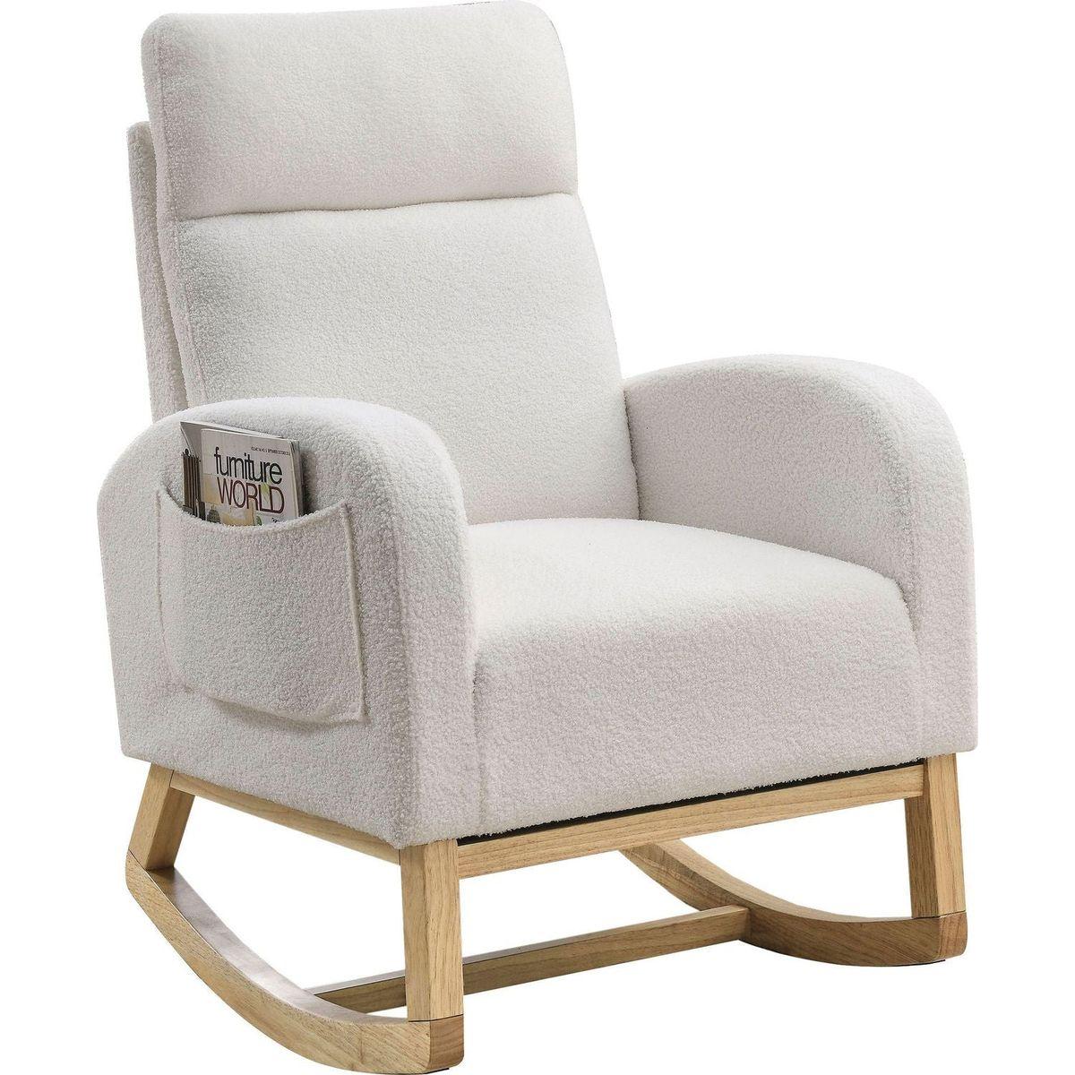 27.6"W Modern Accent High Backrest Living Room Lounge Arm Rocking Chair, Two Side Pocket, Teddy White (Ivory)