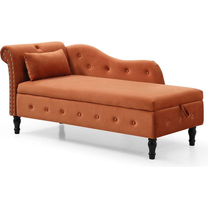 60" Velvet Multifunctional Storage Chaise Lounge Buttons Tufted Nailhead Trimmed Solid Wood Legs with 1 Pillow, Orange