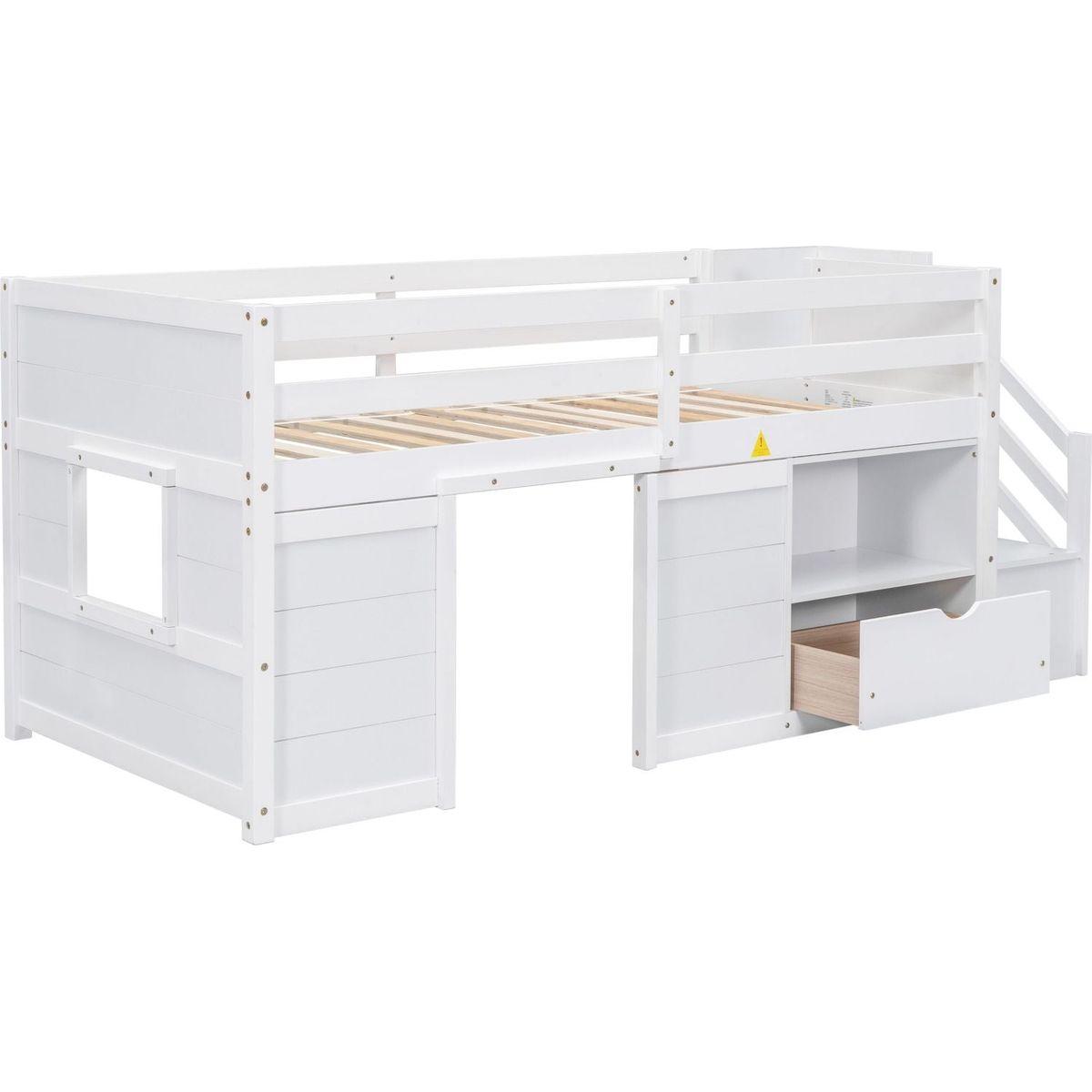 TWIN BED, SOLID WOOD TWIN SIZE LOW LOFT BED WITH STAIR, DRAWER, AND SHELF OF WHITE COLOR