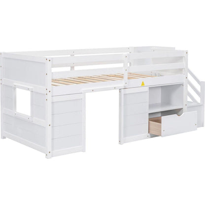 TWIN BED, SOLID WOOD TWIN SIZE LOW LOFT BED WITH STAIR, DRAWER, AND SHELF OF WHITE COLOR