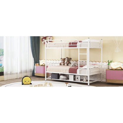 Twin Over Twin Metal Bunk Bed with Shelf and Guardrails, White