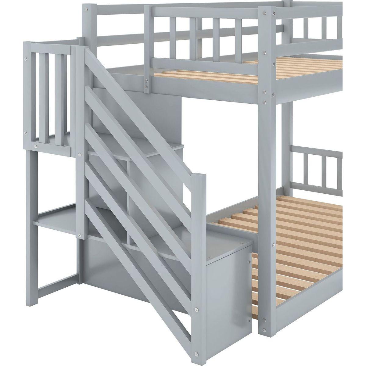 Twin over Twin Floor Bunk Bed, Ladder with Storage, Gray - Streamdale Furniture