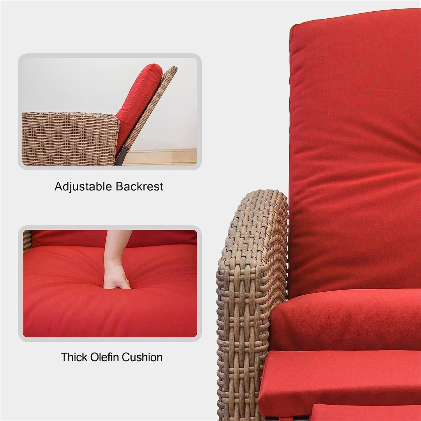 Indoor & Outdoor Recliner, All-Weather Wicker Reclining Patio Chair, Red Cushion (Red, 1 Chair)