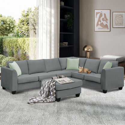 112x87" Sectional Sofa Couches Living Room Sets, 7 Seats Modular Sectional Sofa with Ottoman, L Shape Fabric Sofa Corner Couch Set with 3 Pillows, Grey(New of GS008210AAG)
