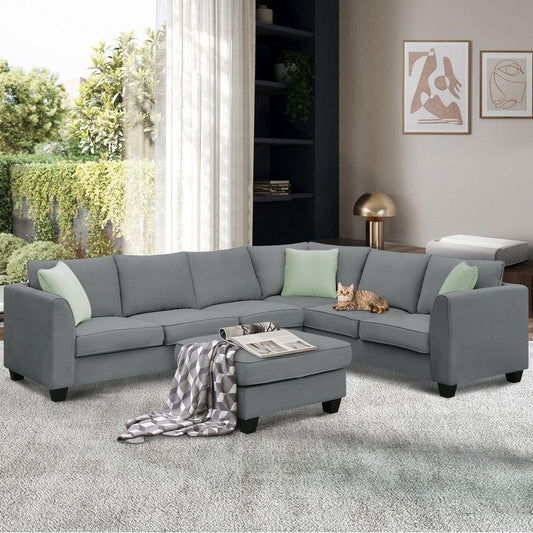 112x87" Sectional Sofa Couches Living Room Sets, 7 Seats Modular Sectional Sofa with Ottoman, L Shape Fabric Sofa Corner Couch Set with 3 Pillows, Grey(New of GS008210AAG)