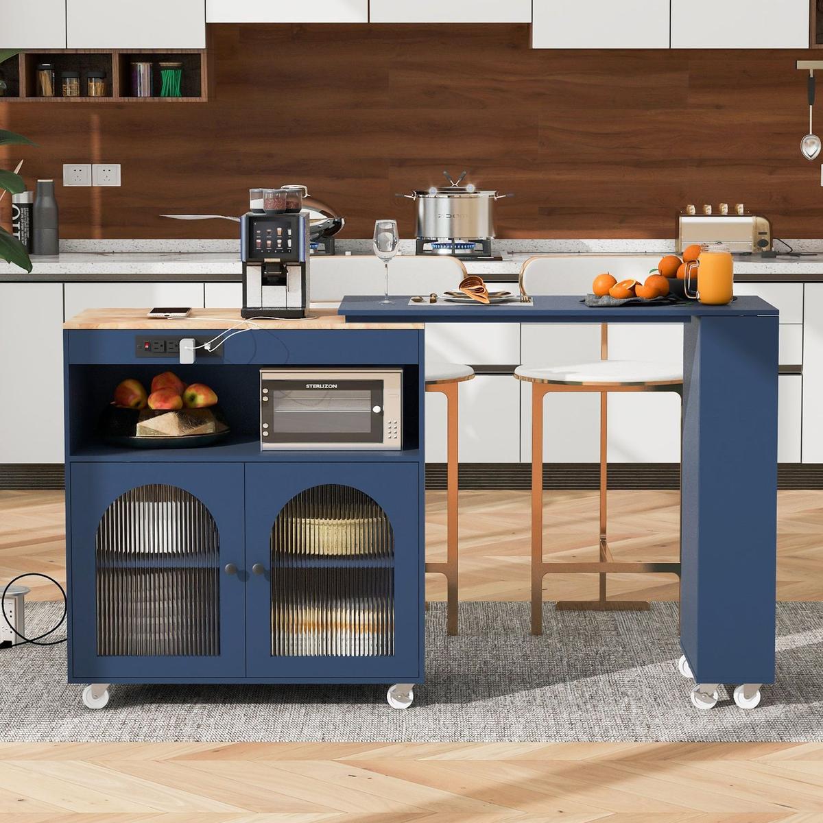 Rolling Kitchen Island With Movable Extended Table, Kitchen Cabinet on Wheels with Power Outlets and 2 Fluted Glass Doors, Kitchen Island with a Storage Compartment and Side 3 Open Shelves, Navy