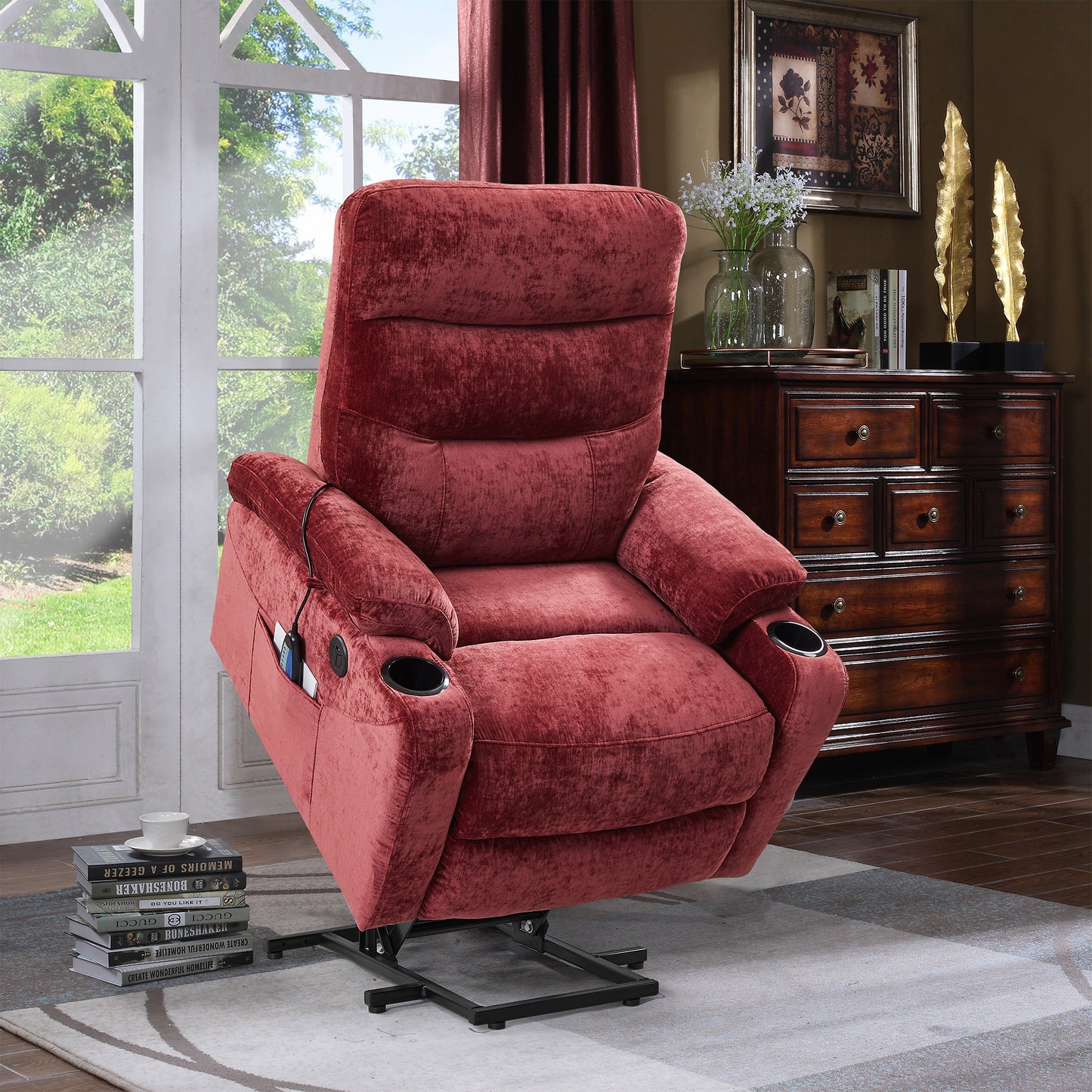 Electric Power Lift Recliner Chair Sofa with Massage and Heat for Elderly, 3 Positions, 2 Side Pockets and Cup Holders, USB Ports, High-end quality fabric