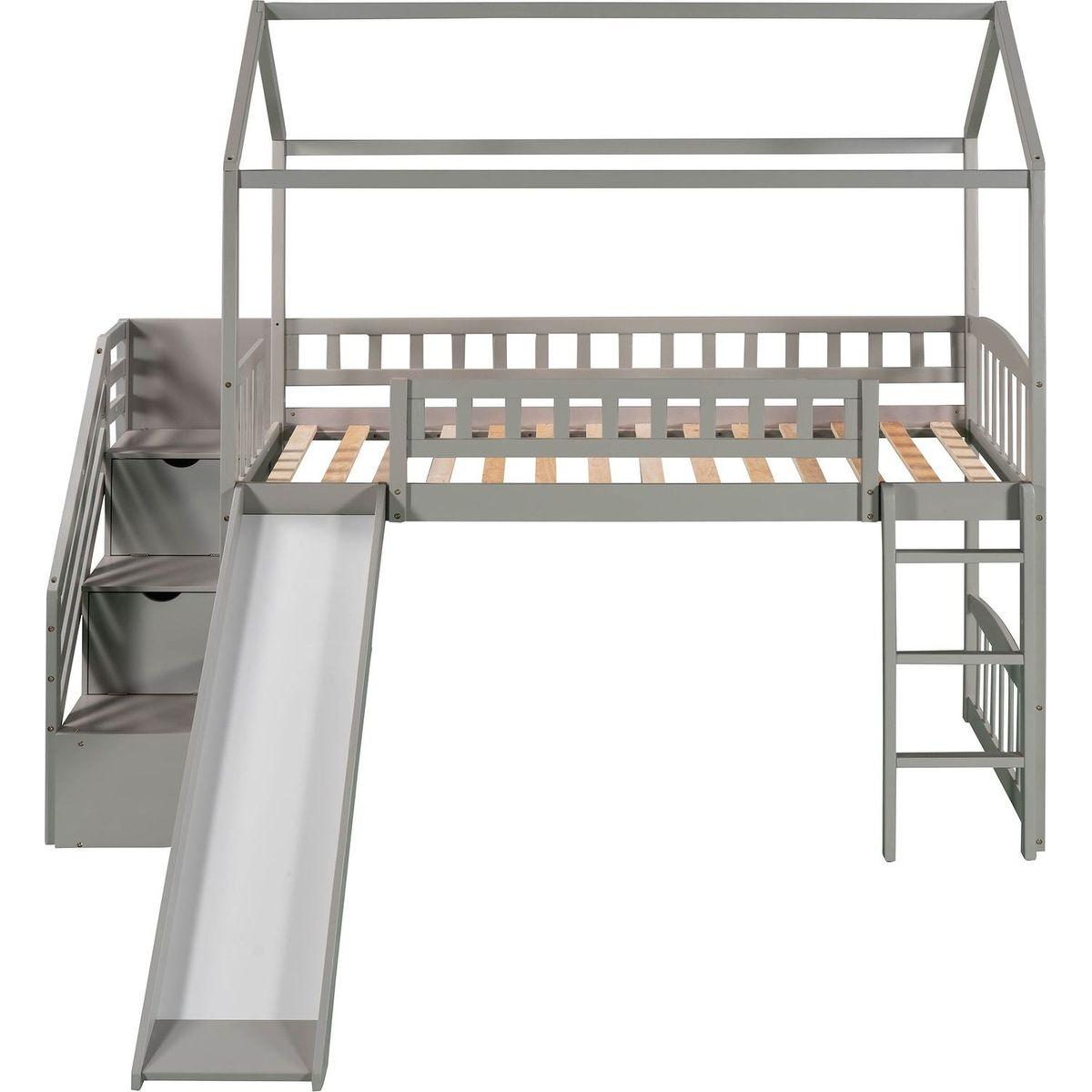 Twin Loft Bed with Two Drawers and Slide, House Bed with Slide, Gray