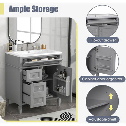 30" Bathroom Vanity with Top Sink, Modern Bathroom Storage Cabinet with 2 Drawers and a Tip-out Drawer, Single Sink Bathroom Vanity