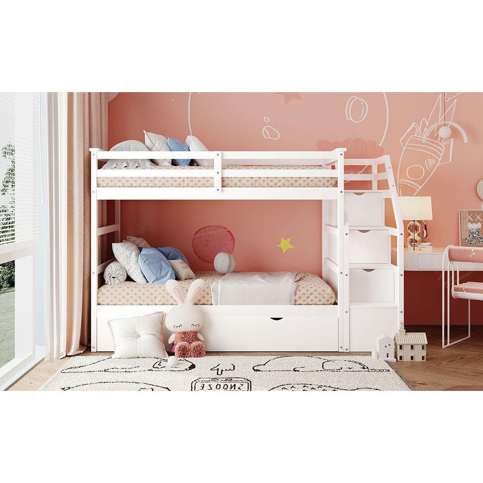 Twin-Over-Twin Bunk Bed with Twin Size Trundle and 3 Storage Stairs, White - Streamdale Furniture