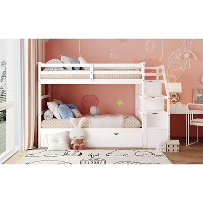 Twin-Over-Twin Bunk Bed with Twin Size Trundle and 3 Storage Stairs, White - Streamdale Furniture