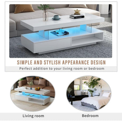 LED Coffee Table with Storage, Modern Center Table with 2 Drawers and Display Shelves, Accent Furniture with LED Lights for Living Room,White