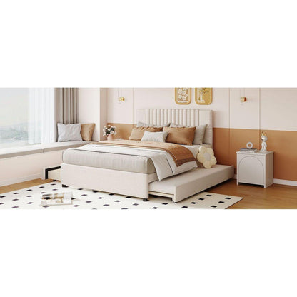 Full Size Upholstered Platform Bed with 2 Drawers and 1 Twin Size Trundle, Classic Headboard Design, Beige