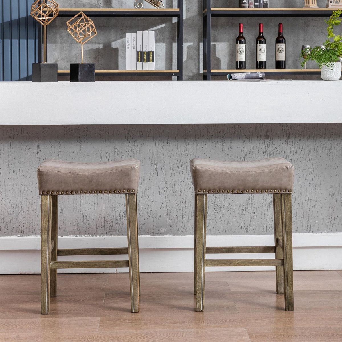 Counter Height 26" Bar Stools for Kitchen Counter Backless Faux Leather Stools Farmhouse Island Chairs (26 Inch, Gray, Set of 2)