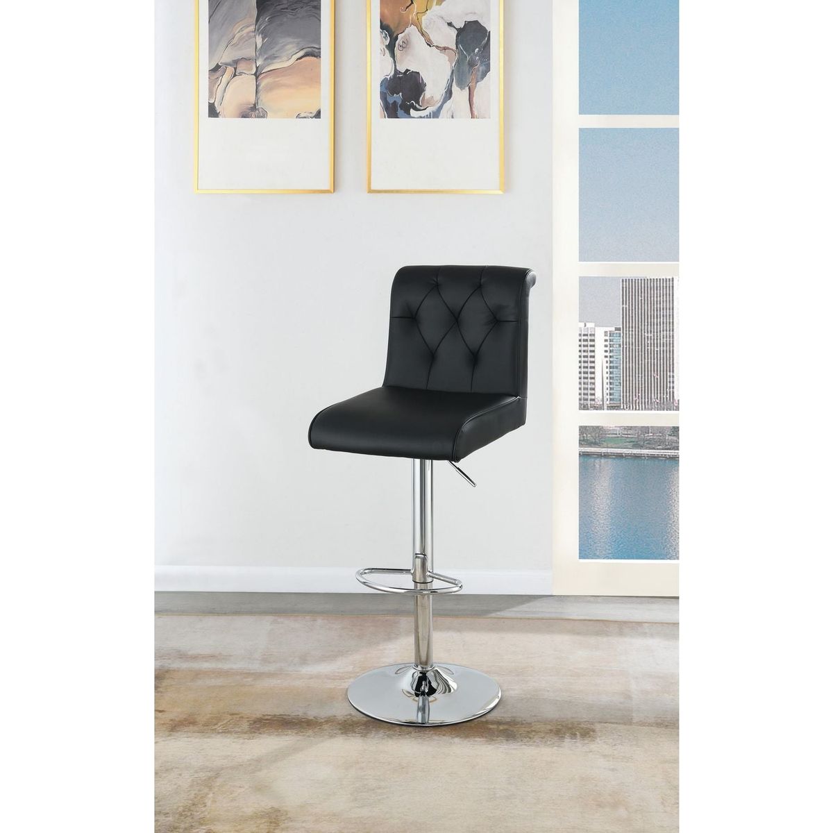 Adjustable Bar stool Gas lift Chair Black Faux Leather Tufted Chrome Base Modern Set of 2 Chairs Dining Kitchen