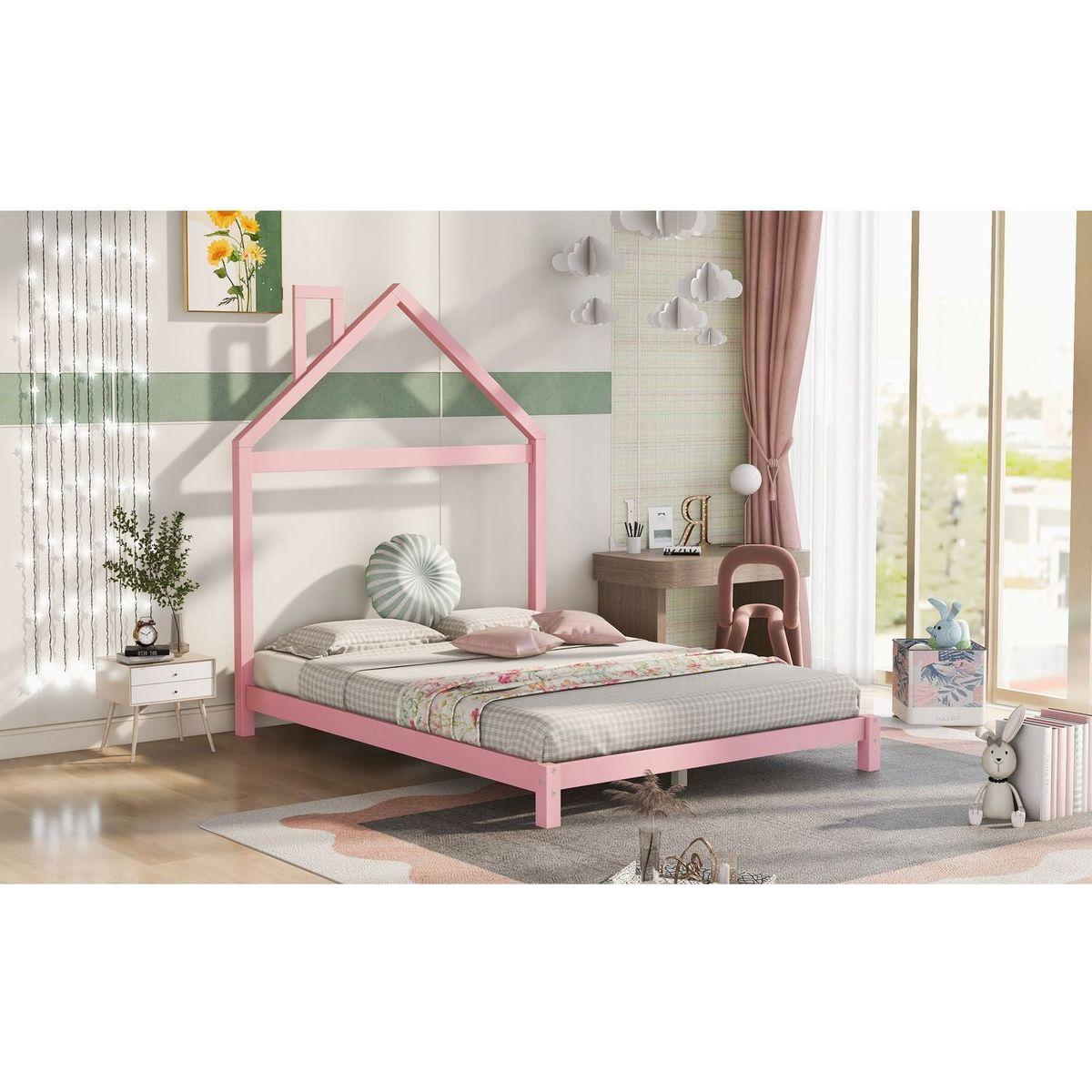 Full Size Wood Platform Bed with House-shaped Headboard (Pink)