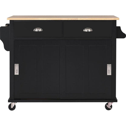 Kitchen Cart with Rubber wood Drop-Leaf Countertop, Concealed sliding barn door adjustable height, Kitchen Island on 4 Wheels with Storage Cabinet and 2 Drawers, L52.2xW30.5xH36.6 inch, Black