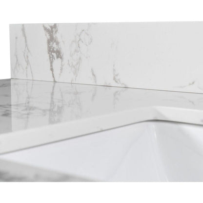 43"x22" bathroom stone vanity top engineered stone carrara white marble color with rectangle undermount ceramic sink and single faucet hole with back splash .