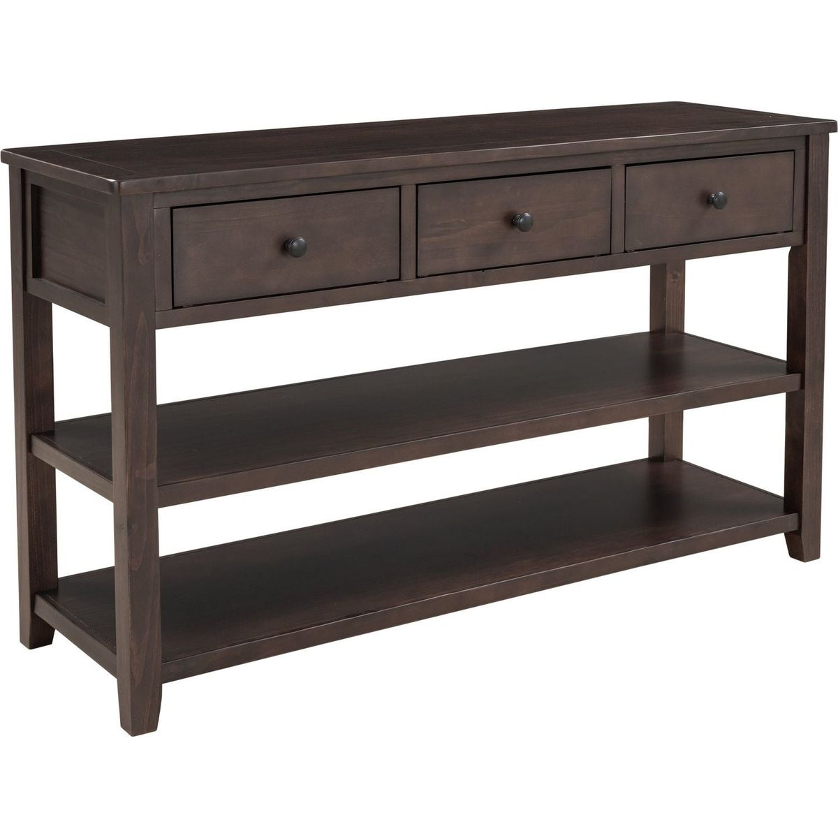 Retro Design Console Table with Two Open Shelves, Pine Solid Wood Frame and Legs for Living Room (Espresso)