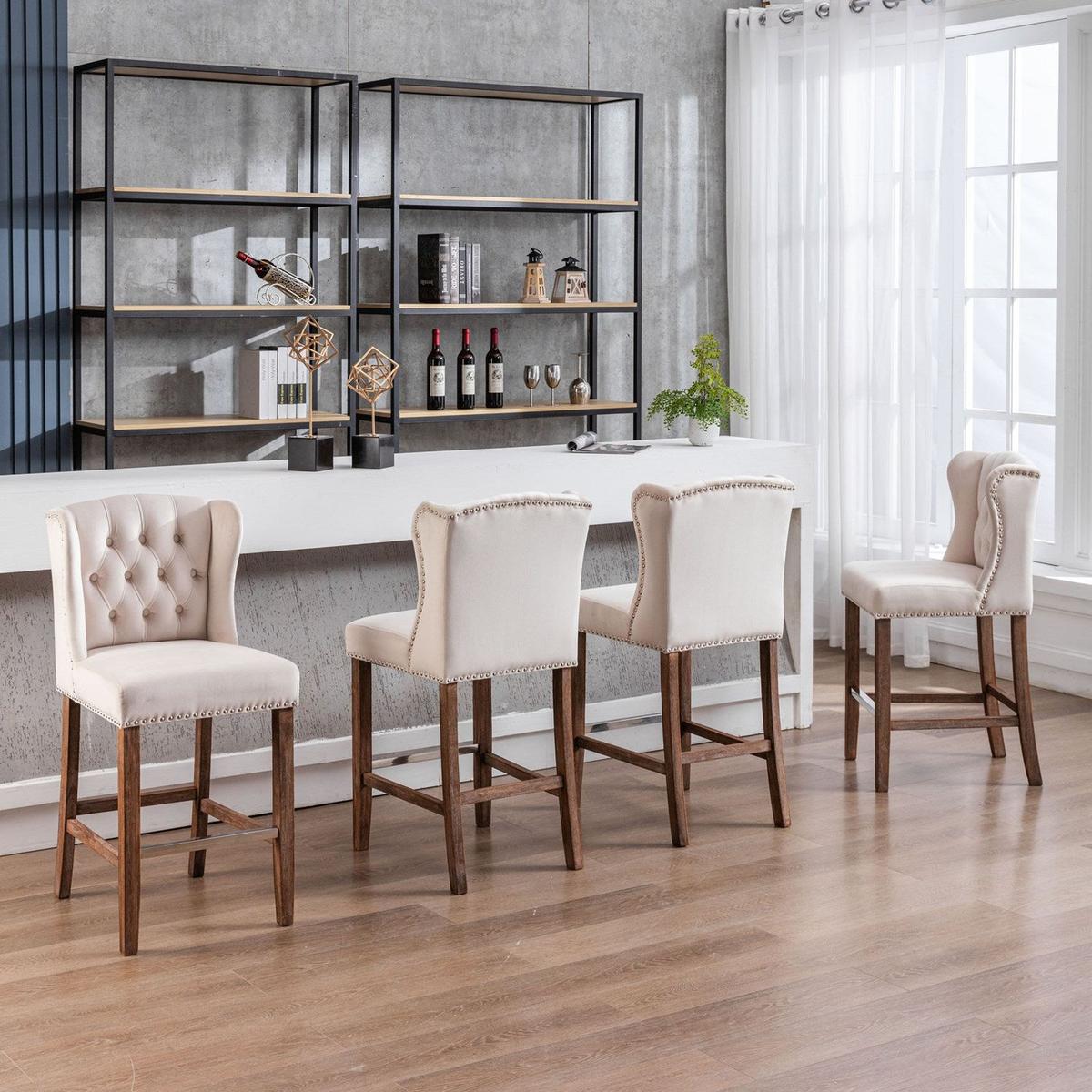 Counter Height Bar Stools, Upholstered 27" Seat Height Barstools, Wingback Breakfast Chairs with Nailhead-Trim & Tufted Back, Wood Legs, Set of 2(Beige)