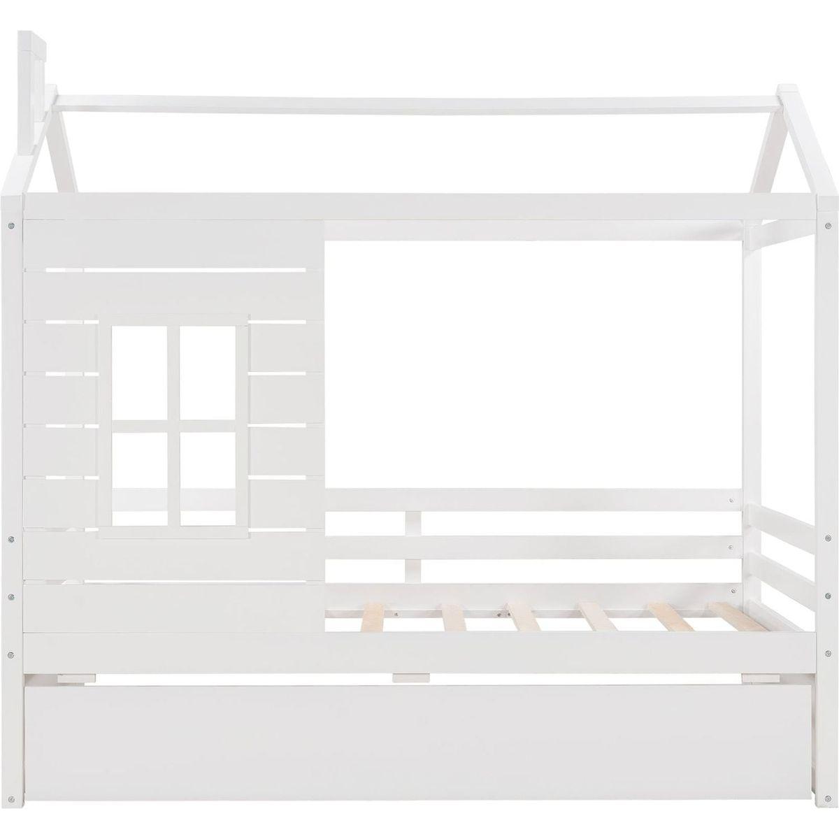 Twin Size House Bed Wood Bed with Twin Size Trundle (White)