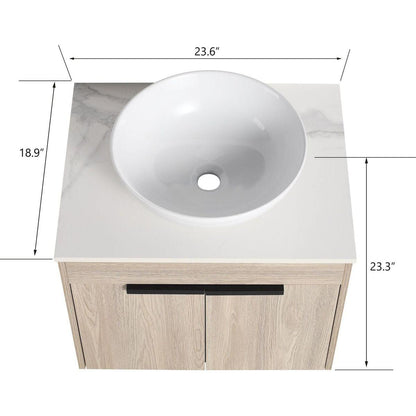24" Modern Design Float Bathroom Vanity With Ceramic Basin Set, Wall Mounted White Oak Vanity With Soft Close Door, KD-PackingD-Packing Pieces