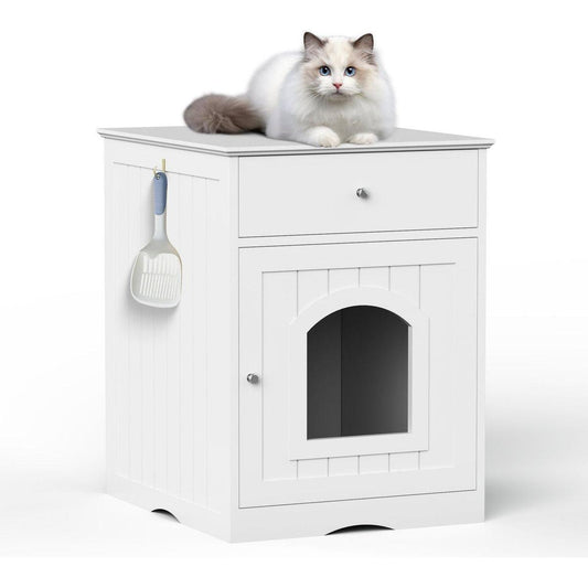 Wooden Pet House Cat Litter Box Enclosure with Drawer, Side Table, Indoor Pet Crate, Cat Home Nightstand (White)