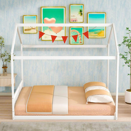 Queen Size Wooden House Bed with Headboard, White - Streamdale Furniture
