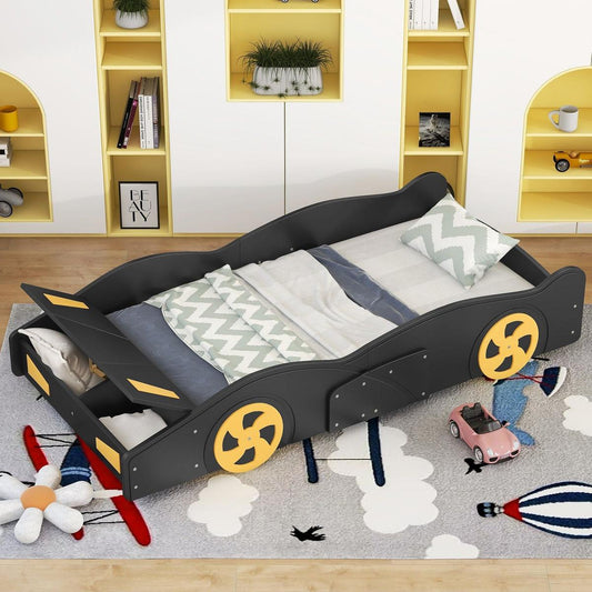 Twin Size Race Car-Shaped Platform Bed with Wheels and Storage, Black+Yellow - Streamdale Furniture