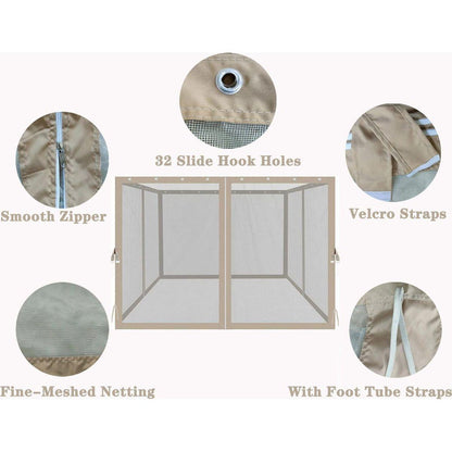 10x10 Ft Gazebo Replacement Mosquito Netting with Zippers, 4-Side Mesh Walls for Patio Gazebos