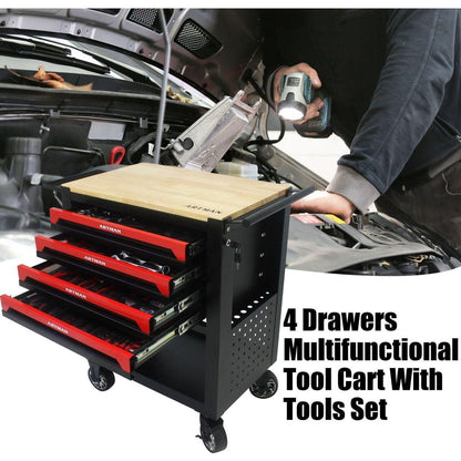 4 DRAWERS MULTIFUNCTIONAL TOOL CART WITH TOOL SET AND WOODEN TOP