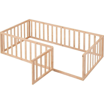 Twin Size Wood Floor Bed Frame with Fence and Door, Natural - Streamdale Furniture