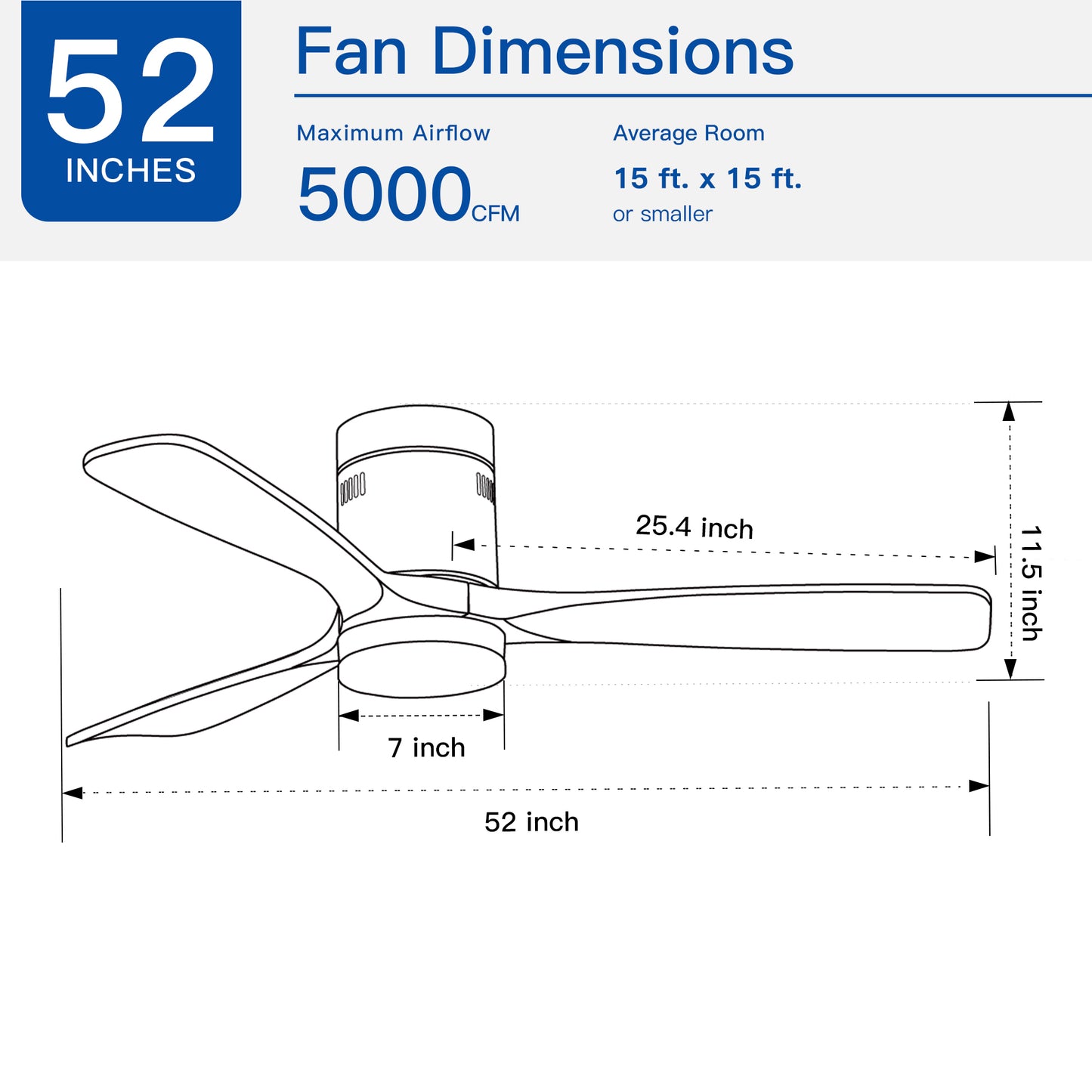 Semi Flush Ceiling Fan with Integrated LED Light in Solid Wood Blade