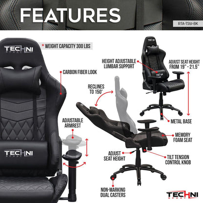 Ergonomic High Back Racer Style PC Gaming Chair, Black