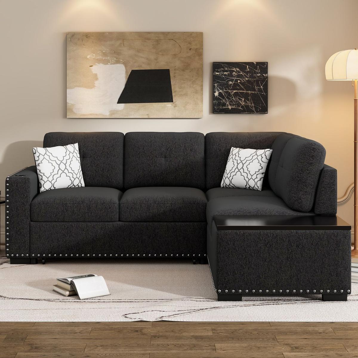 83.8" Reversible Sectional Pull-Out Sofa Bed L-Shaped Corner Sofa Couch with Storage Chaise, USB Ports, Power Sockets, Cup Holder for Living Room, Bedroom, Study, Black