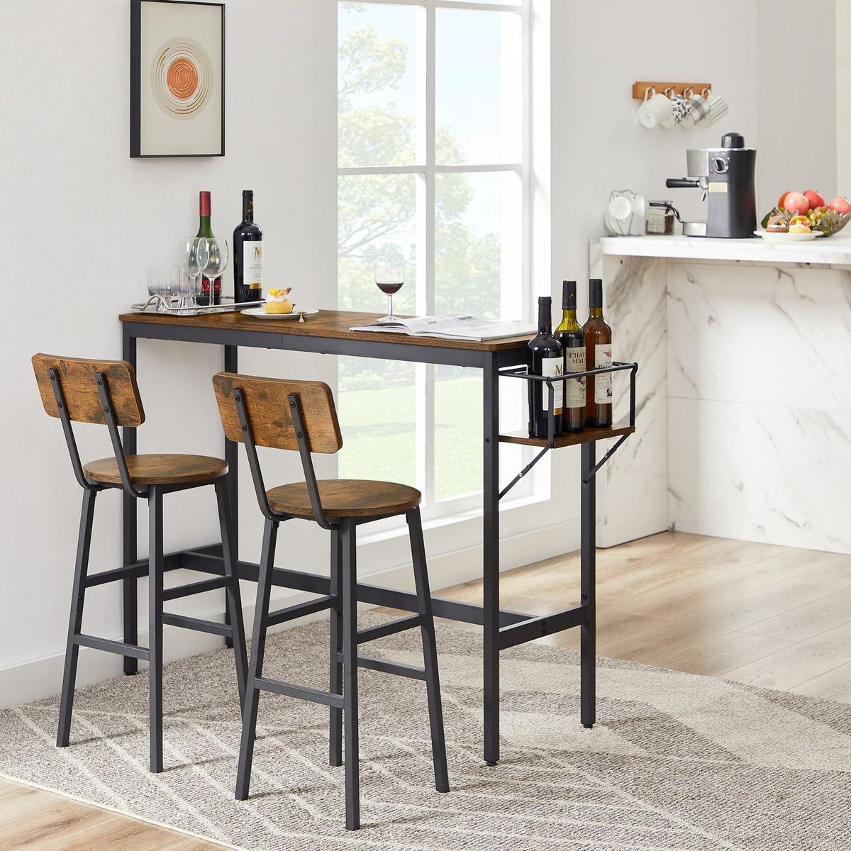 Bar Table Set with wine bottle storage rack. Rustic Brown, 47.24" L x 15.75" W x 35.43" H.