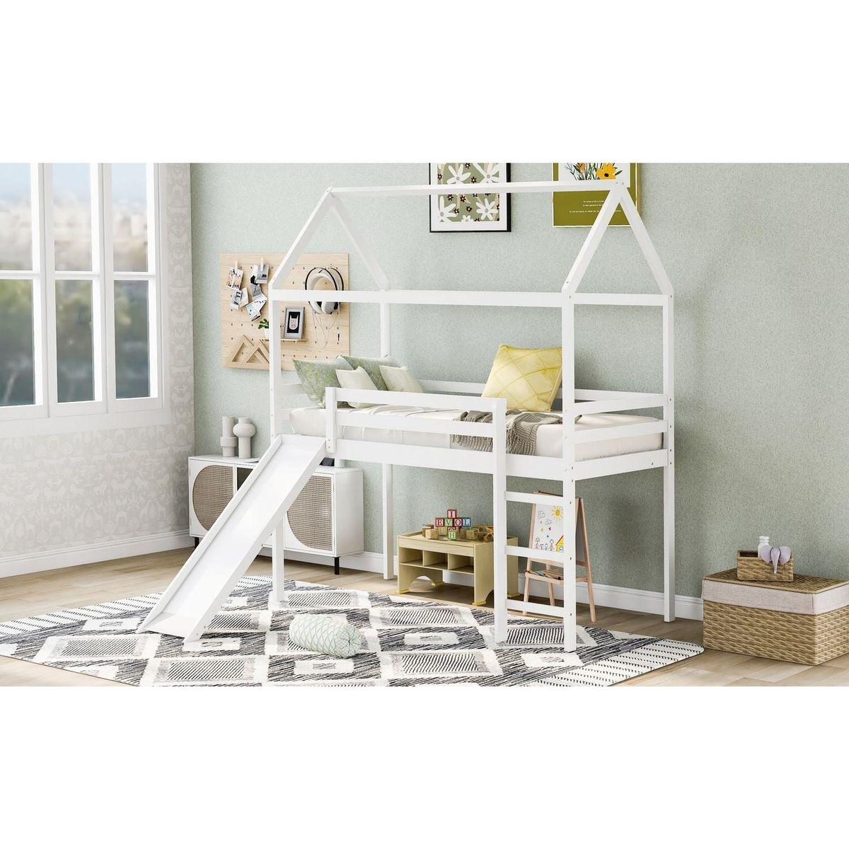 Twin Loft Bed with Slide, House Bed with Slide, White