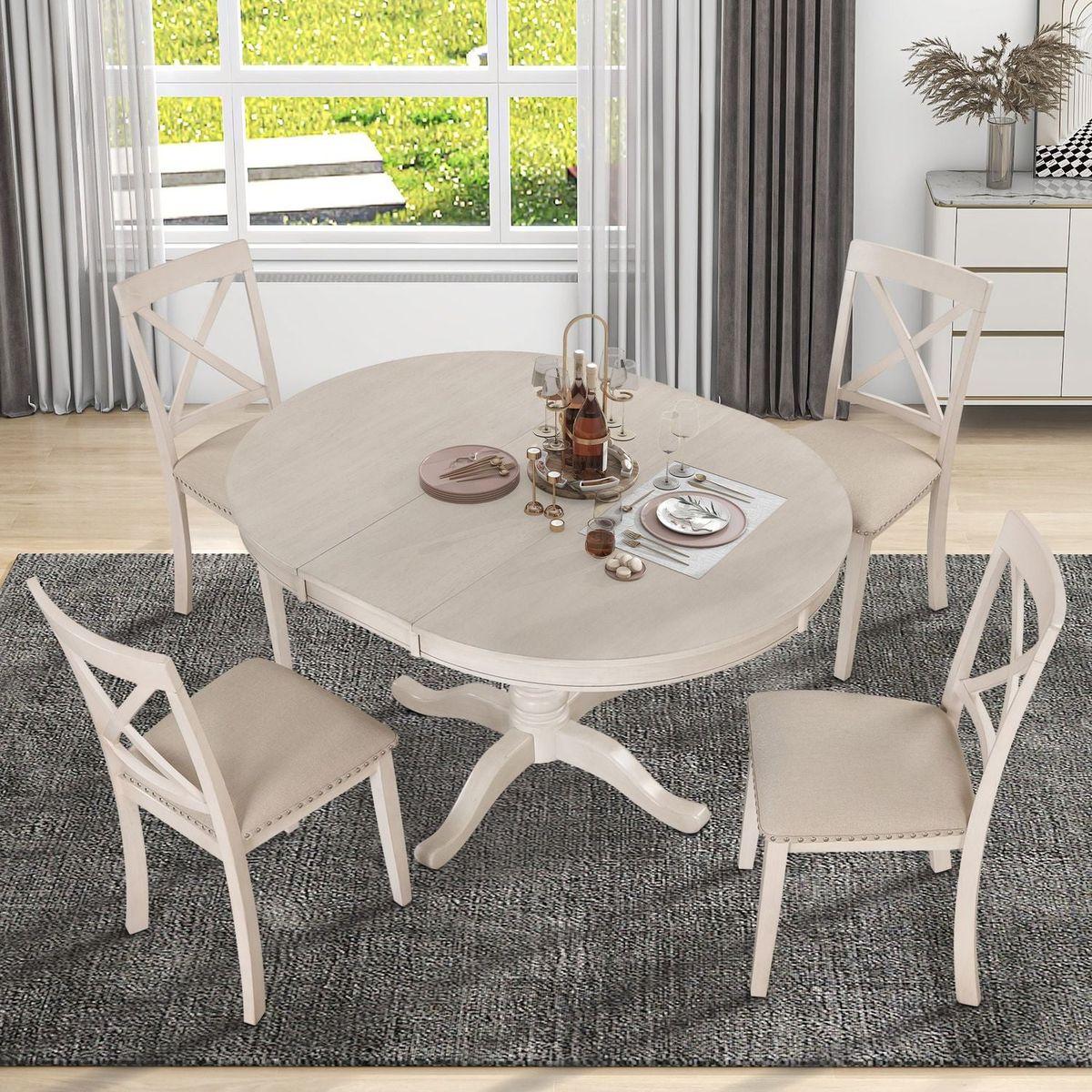 Modern Dining Table Set for 4, Round Table and 4 Kitchen Room Chairs, 5 Piece Kitchen Table Set for Dining Room, Dinette, Breakfast Nook, Antique White