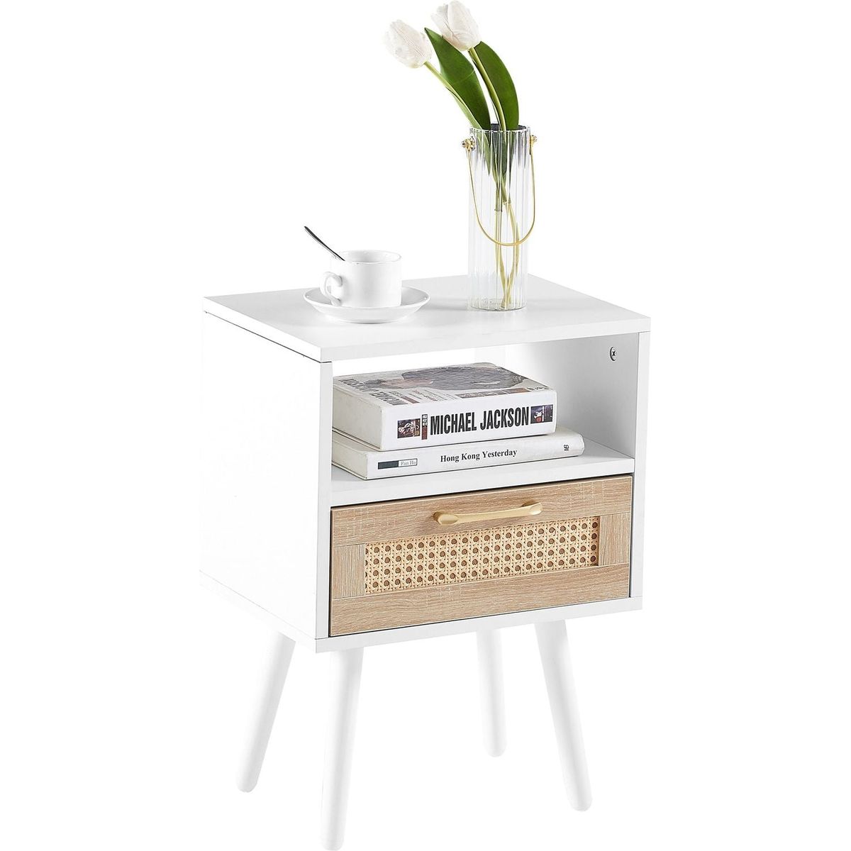 15.75" Rattan End table with drawer and solid wood legs, Modern nightstand, side table for living roon, bedroom, white