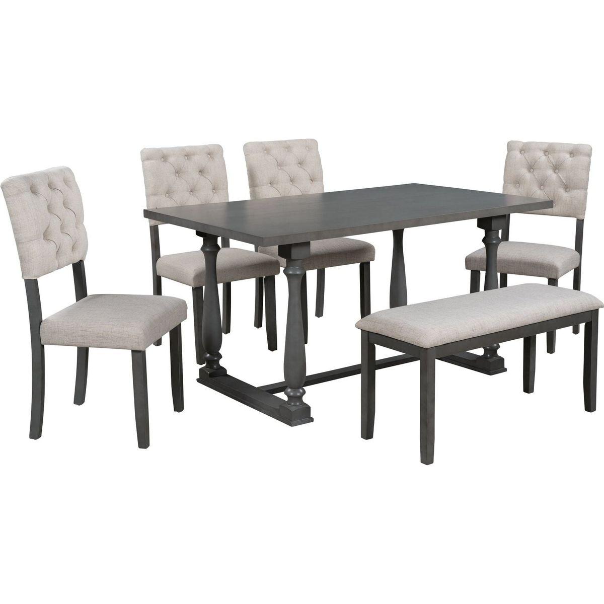 6-Piece Dining Table and Chair Set with Special-shaped Legs and Foam-covered Seat Backs&Cushions for Dining Room (Gary)