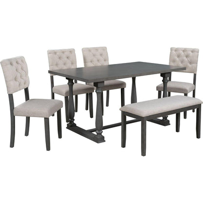 6-Piece Dining Table and Chair Set with Special-shaped Legs and Foam-covered Seat Backs&Cushions for Dining Room (Gary)