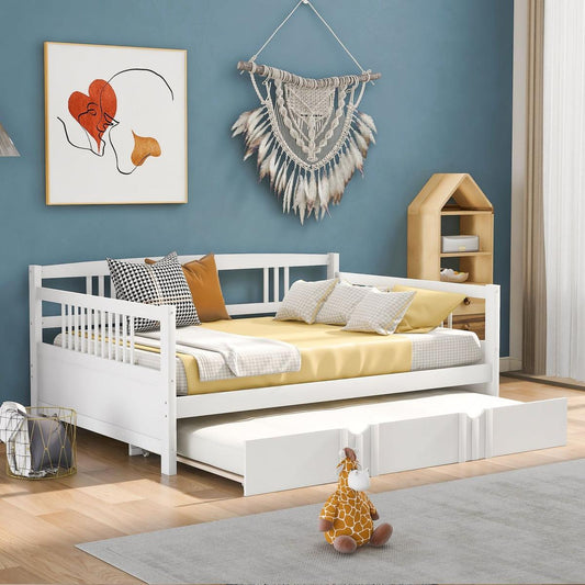 Full Size Daybed Wood Bed with Twin Size Trundle, White