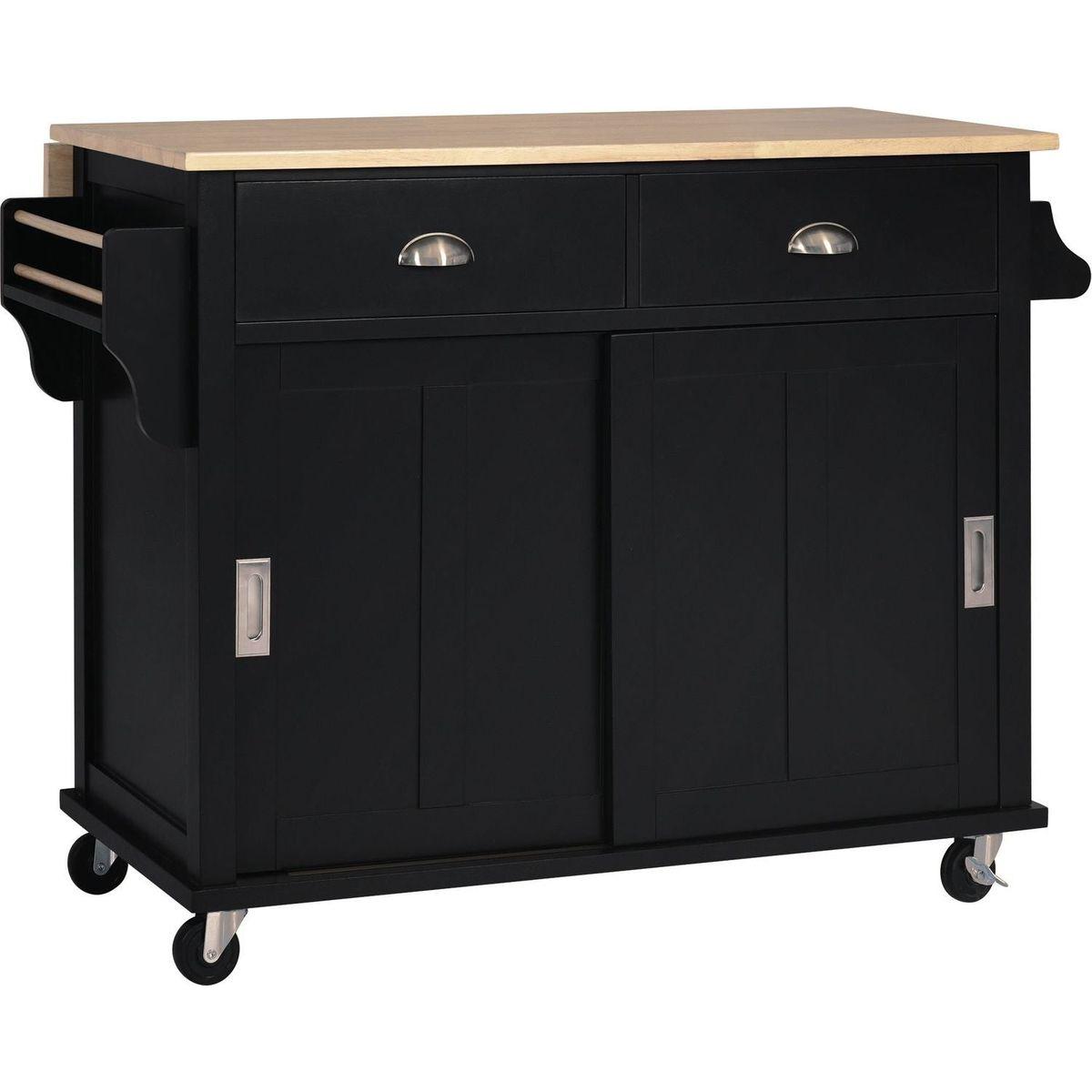 Kitchen Cart with Rubber wood Drop-Leaf Countertop, Concealed sliding barn door adjustable height, Kitchen Island on 4 Wheels with Storage Cabinet and 2 Drawers, L52.2xW30.5xH36.6 inch, Black