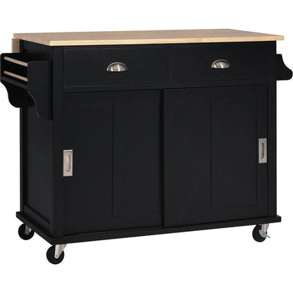 Kitchen Cart with Rubber wood Drop-Leaf Countertop, Concealed sliding barn door adjustable height, Kitchen Island on 4 Wheels with Storage Cabinet and 2 Drawers, L52.2xW30.5xH36.6 inch, Black