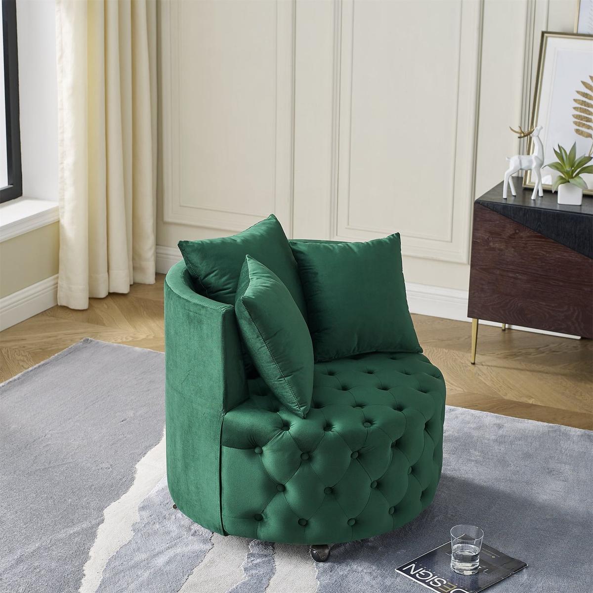 Velvet Upholstered Swivel Chair for Living Room, with Button Tufted Design and Movable Wheels, Including 3 Pillows, Green