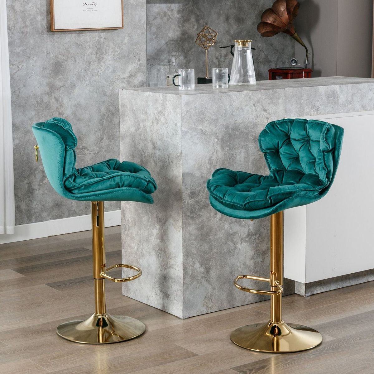 Swivel Bar Stools Set of 2, Velvet Counter Height Adjustable Barstools, Dining Bar Chairs Upholstered Modern Bar Stool for Kitchen Island, Cafe, Bar Counter, Dining RoomGreen)