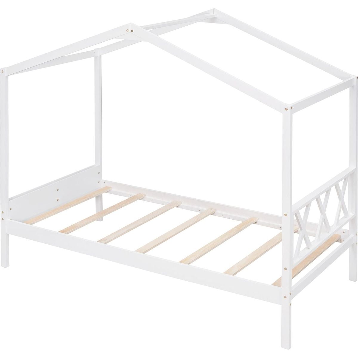 Twin Size Wood House Bed with Storage Space, White