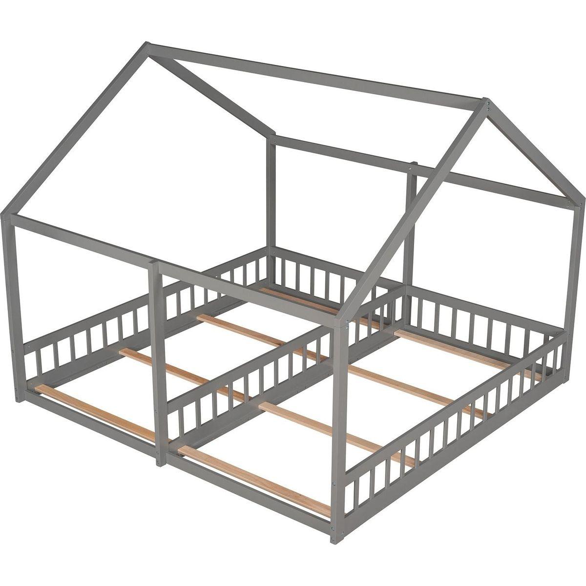 Twin Size House Platform Beds, Two Shared Beds, Gray - Streamdale Furniture