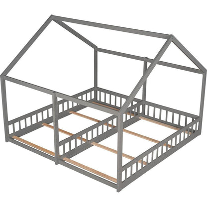 Twin Size House Platform Beds, Two Shared Beds, Gray - Streamdale Furniture