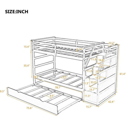 Twin-Over-Twin Bunk Bed with Twin Size Trundle and 3 Storage Stairs, White - Streamdale Furniture
